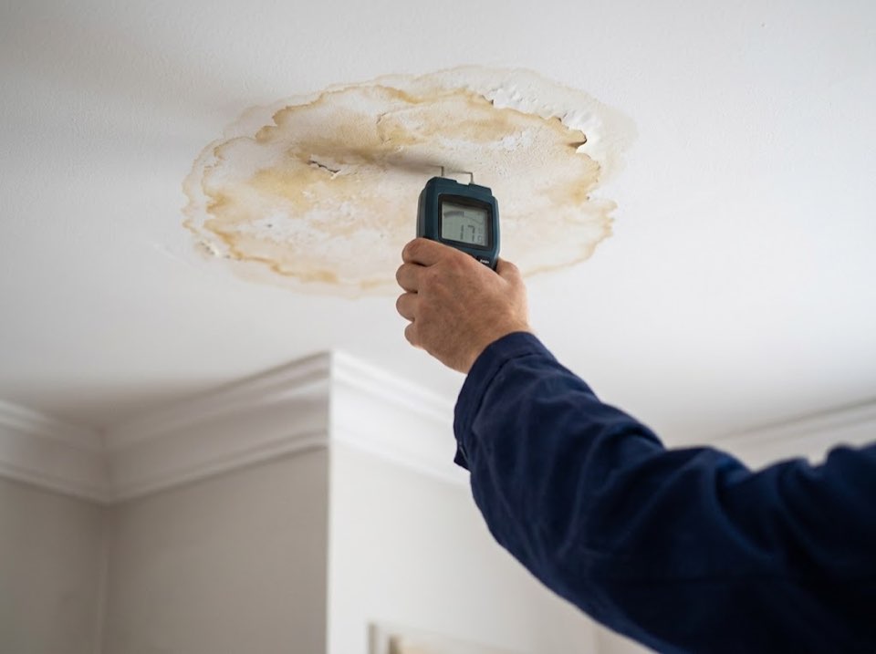 Recherche de fuite avec un détecteur d'humidité sur une tache au plafond